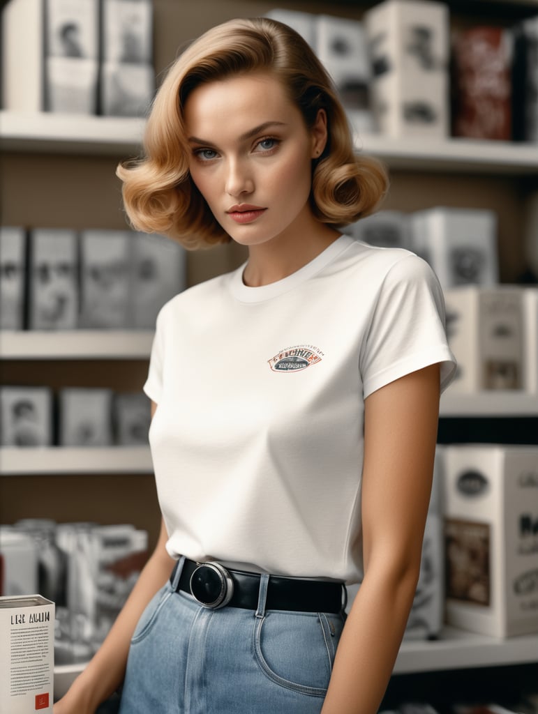 Extremely detailed photographic image, grained image, beautifully composed, monochrome image, 50's fashionable image, fashionable magazine photography, leica summicron 35mm f2.0, kodak 400tx, fashion photography, fashionable model, william s. burroughs, Woman wearing blank white T-Shirt in Clothing Store Mockup, mock up