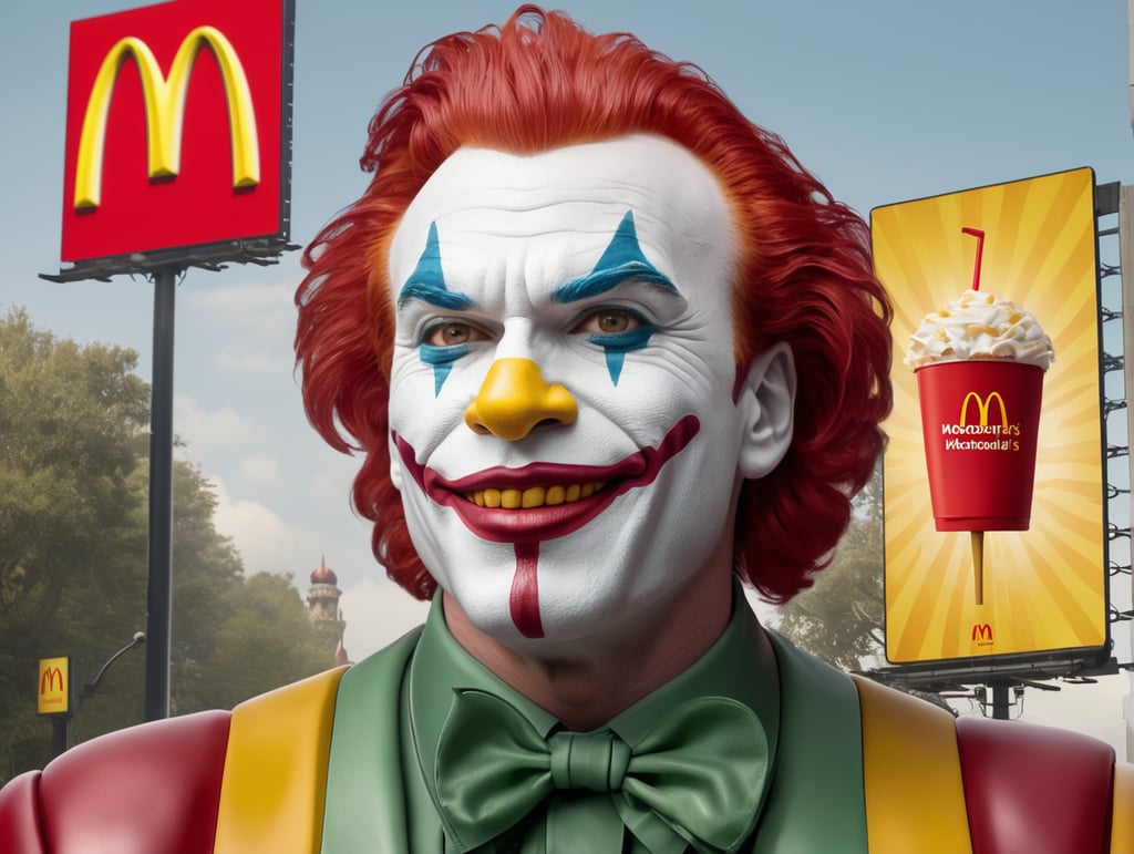 Ronald Mcdonald Joker image with mcdonald's iconic logo billboards and fantasy background