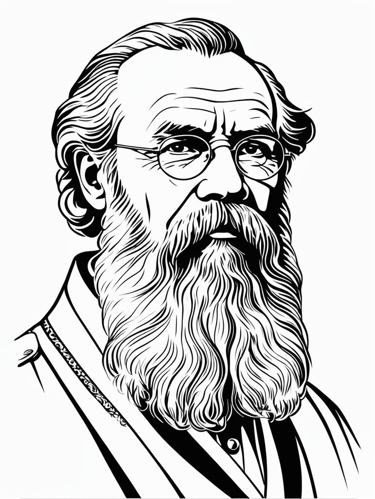 Leo Tolstoy, in the style of basic simple line art vector comic art on white background