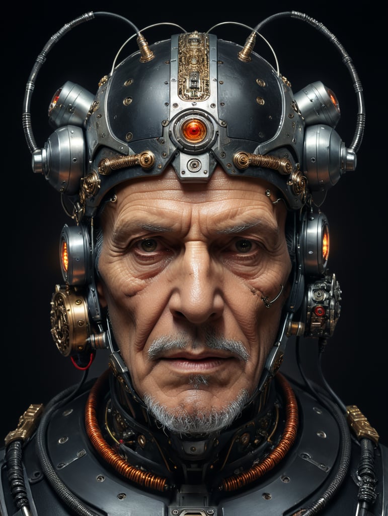 The image features a 100 years very old man with a unique appearance, wearing a headpiece that resembles a robot or a cyborg. The headpiece is made of metal and has various wires and cables attached to it, giving the man a futuristic and mechanical look. The man's face shows his age and is also covered in scars, adding to the overall intriguing and unusual appearance. The scene appears to be set in a dark environment, further emphasizing the mysterious and captivating nature of the man's appearance.