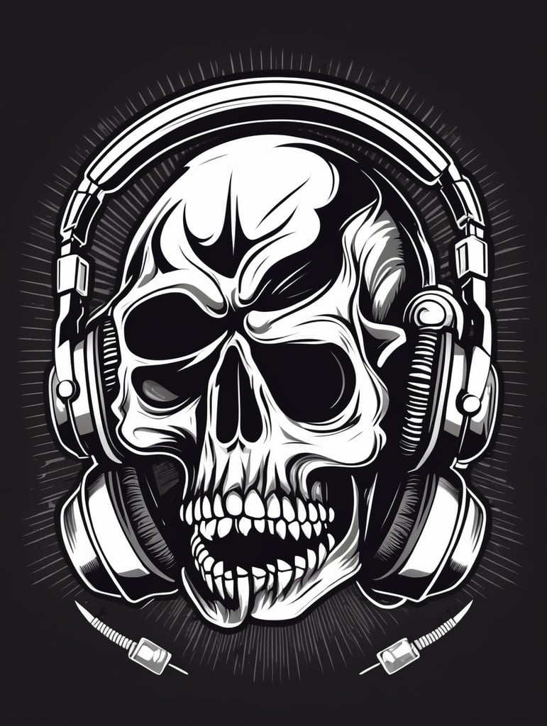 Black and white game over Skull Gaming Logo, vector illustration, vintage dead head or skull of gamer in headphones, vector image