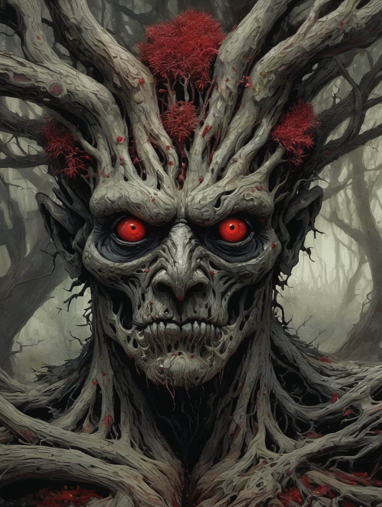 ultra detailed complex illustration of a corrupted humanoid plant, abstract, expressionism, oil paint, limited colors, eerie, creepy, nightmarish, bold colors, red eyes, black sclera, tree bark resembling human muscles and tendons, rotten, branches as hair, dark art by Mschiffer, ((full body))
