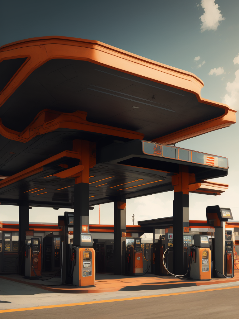 Gas station, sci-fi, highly detailed, digital painting, artstation, concept art, smooth, sharp focus, illustration, art by artgerm and greg rutkowski and alphonse mucha