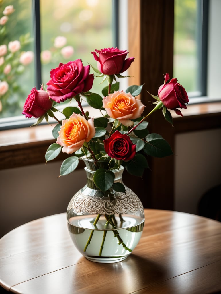 Peux créer un vase avec une rose dedans, posé sur une table ?