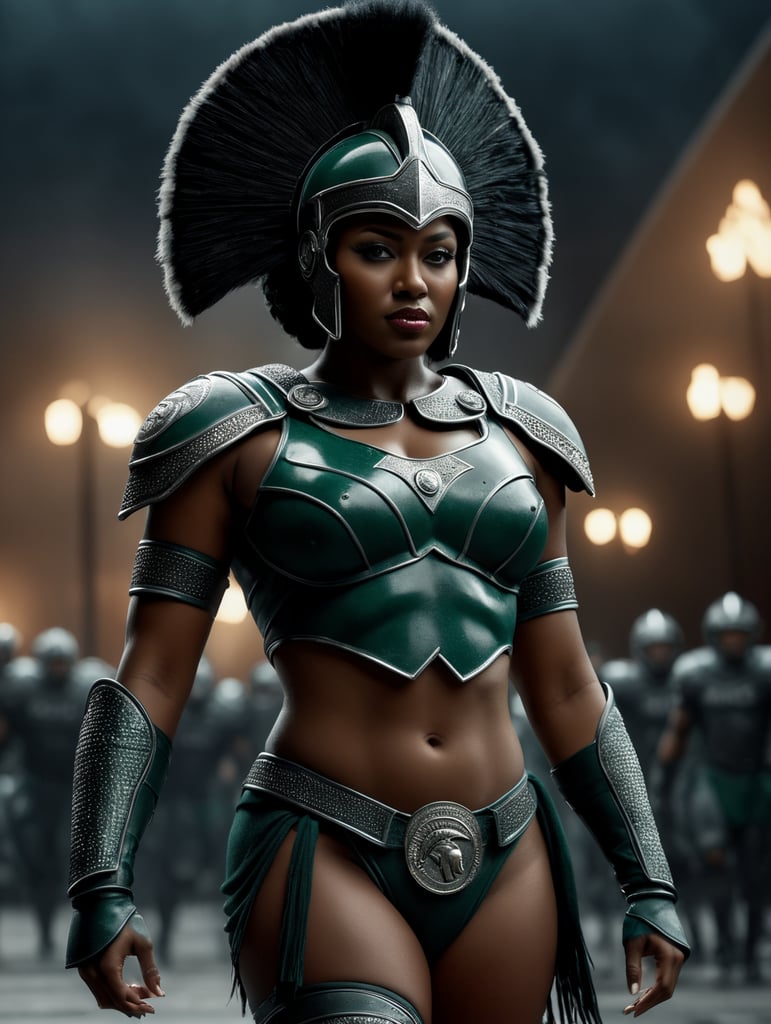 Michigan State University Spartan mascot as a black woman full body picture