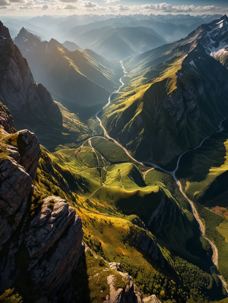 1st person view, sublime landscape: a view from high mountains, down to very steep valleys and into great depth, 3D, national geographic professional photography ultra HD style