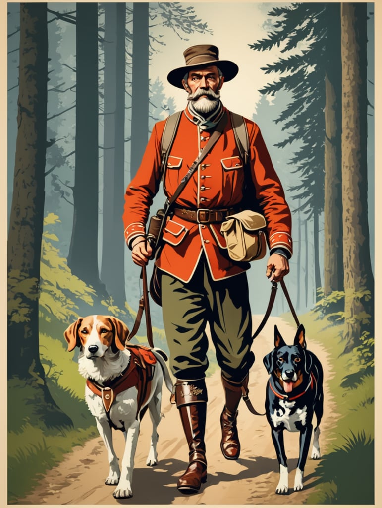 Retro poster an old Austrian hunter with a hunting dog walks along a forest path, dressed in traditional Austrian clothes, carrying a backpack with things, caught game in his belt