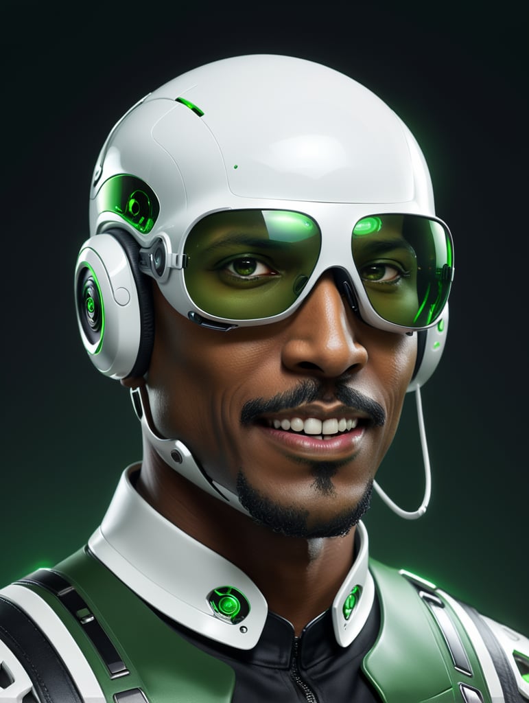 Bald black man, wearing white psvr2 , a gray goatee, black moustache, neutral smile, white and dark green futuristic cloth, cranial free.
