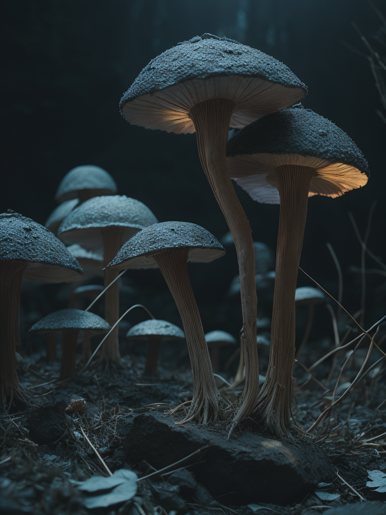fluorescent mushrooms, psychedelic night, abstract, darkness