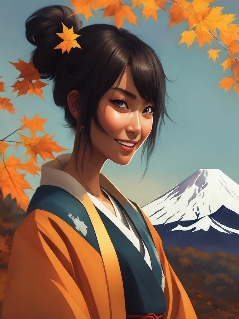 A cute and smiling Japanese girl in a white-gold kimono at sunset, Mount Fuji and autumn trees in the background in the distance. Miyazaki japan cartoon style details. clear, sharp and colorful high-resolution picture.