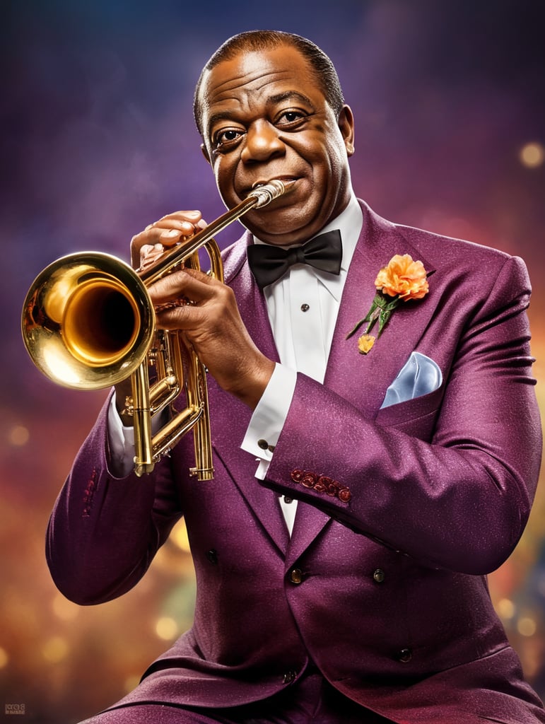 Louis Armstrong plays the trumpet, dressed in a colorful suit with a bow tie, studio photo, professional photo, Bright and rich colors, Detailed image, detailed face, bright background