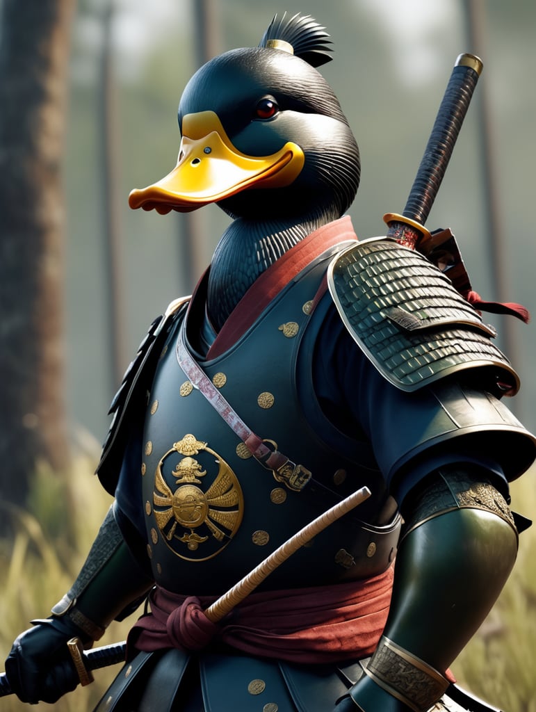 Duck samurai, battlefield, hyper realistic