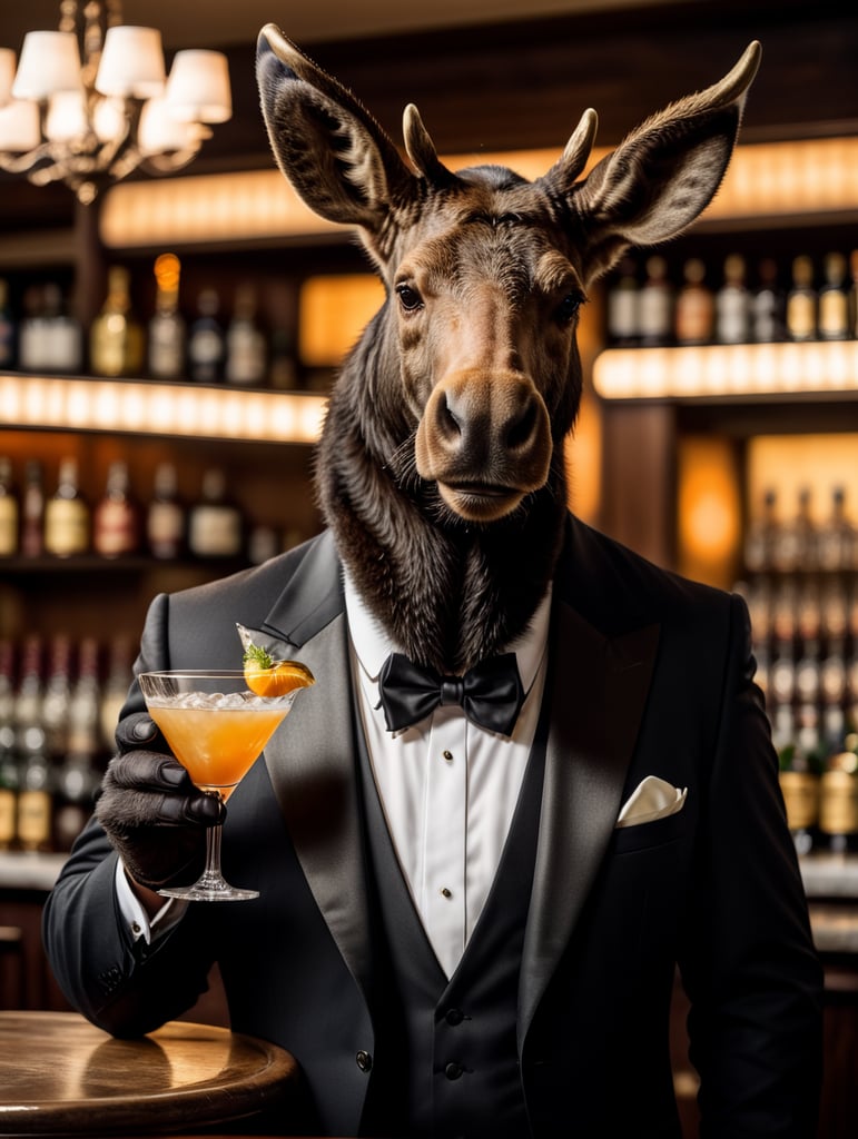 Image of a moose wearing a vintage tuxedo holding a cocktail drink in one hand. The image must be detailed ultra super 4K details