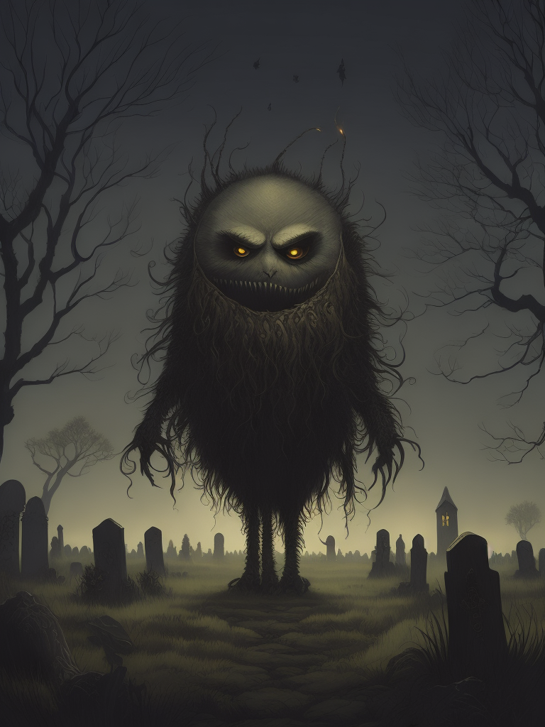 John Kenn Mortensen style ground level shot, incredibly detailed front shot painting of a cute whimsical monster in a graveyard,