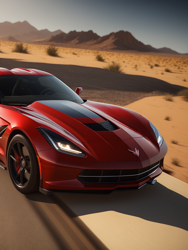 red corvette stingray in the hot dessert. Low angle, photorealistic, highly detailed