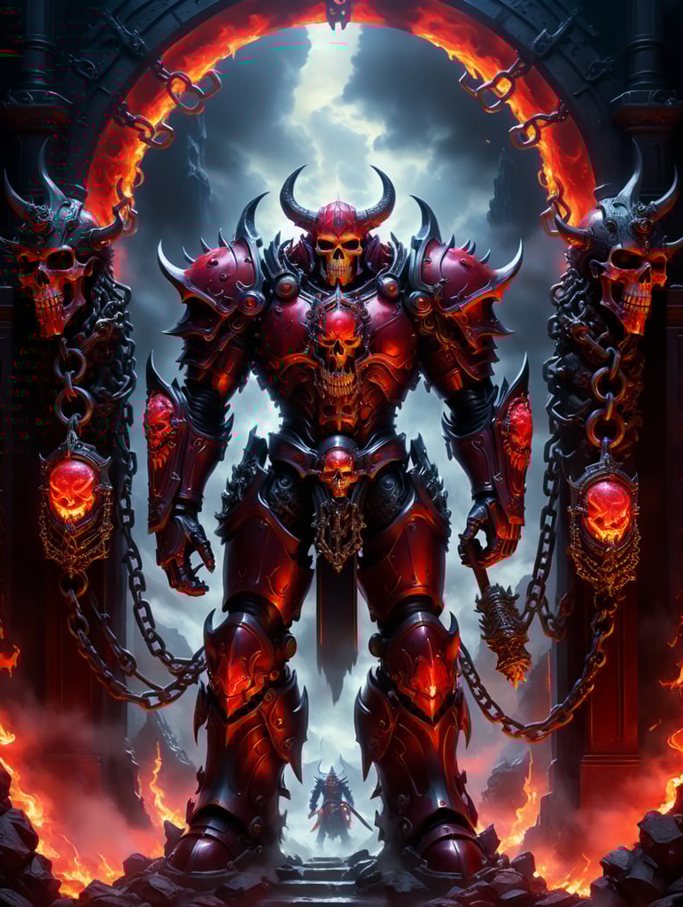 Unholy champion of darkness standing at the gates of hell with a wavy glowing crimson halo skulls and chains on crimson obsidian armor. Studio Ghibli, Digital art, finely detailed, masterpiece, high quality, depth of field, ultra HD