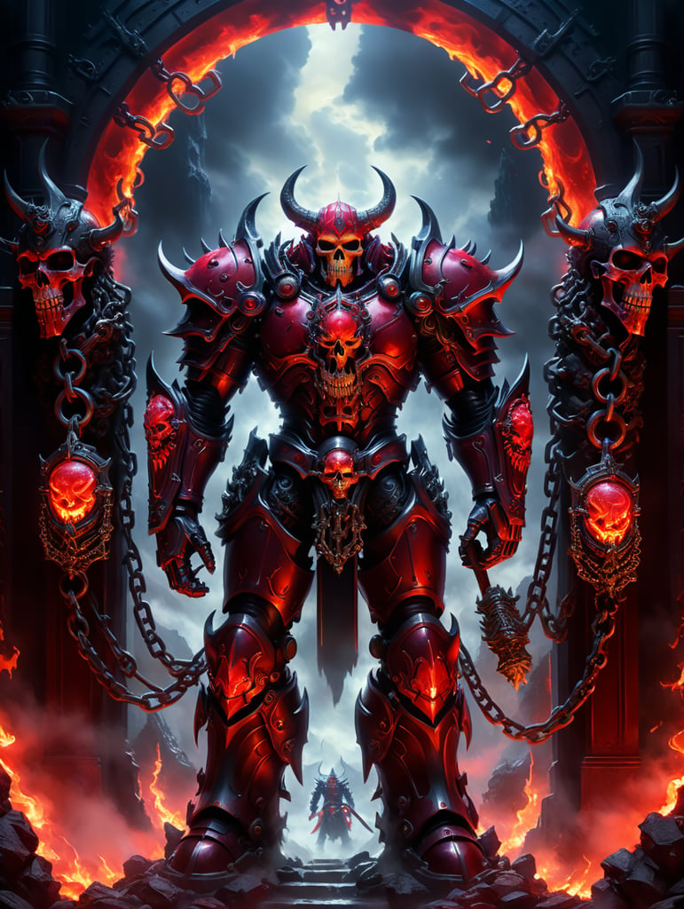 Unholy champion of darkness standing at the gates of hell with a wavy glowing crimson halo skulls and chains on crimson obsidian armor. Studio Ghibli, Digital art, finely detailed, masterpiece, high quality, depth of field, ultra HD