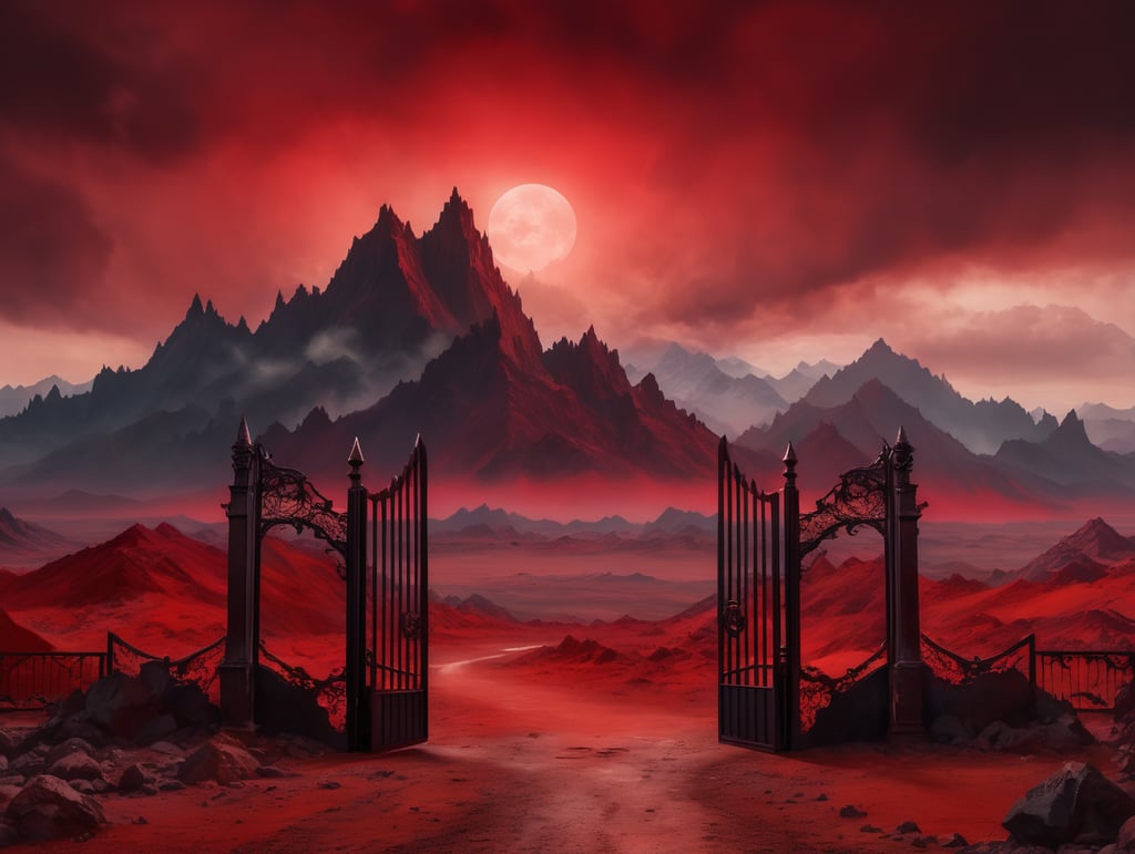 The gates of Hell stand open. Beyond them is a red wasteland, with black jagged mountains rising up to meet a red cloudy sky.