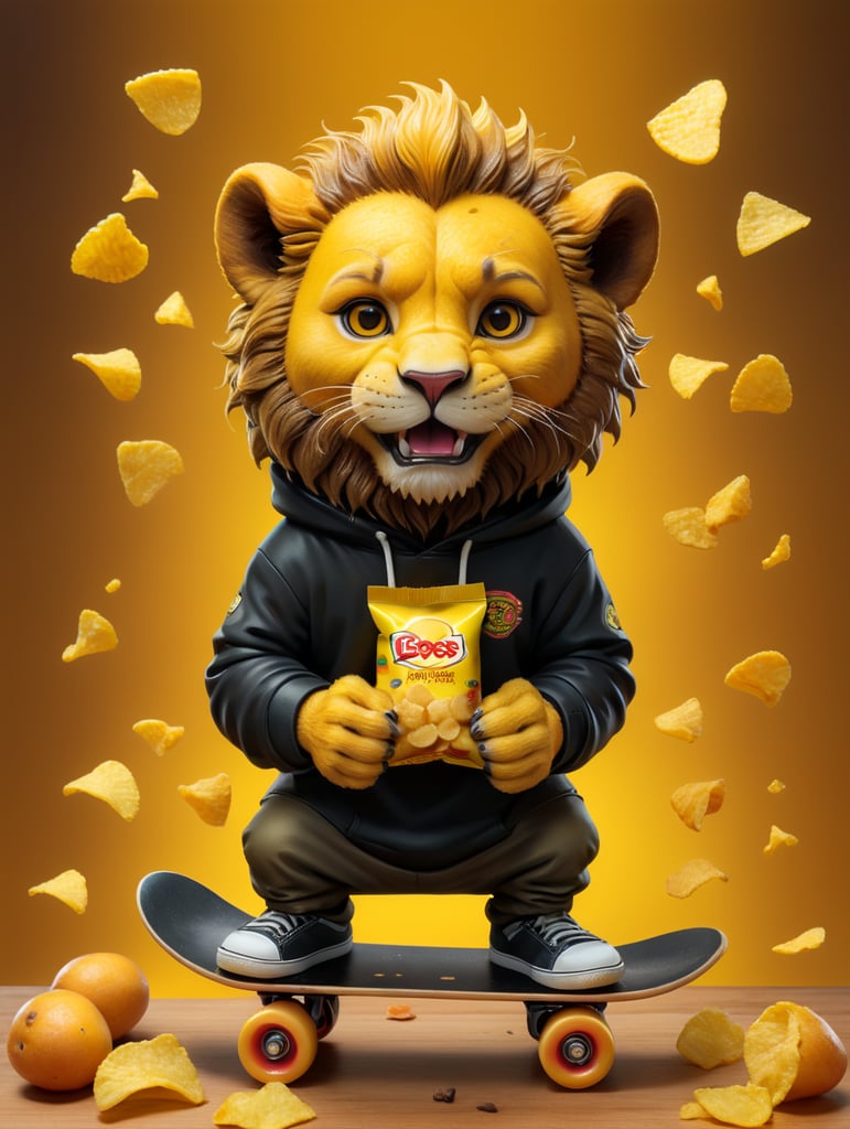 a cute mascot lion character eating potatoe chips, wearing black hoodie, on a skateboard, potatoe yellow color, funko pop, vibrant gradient background,