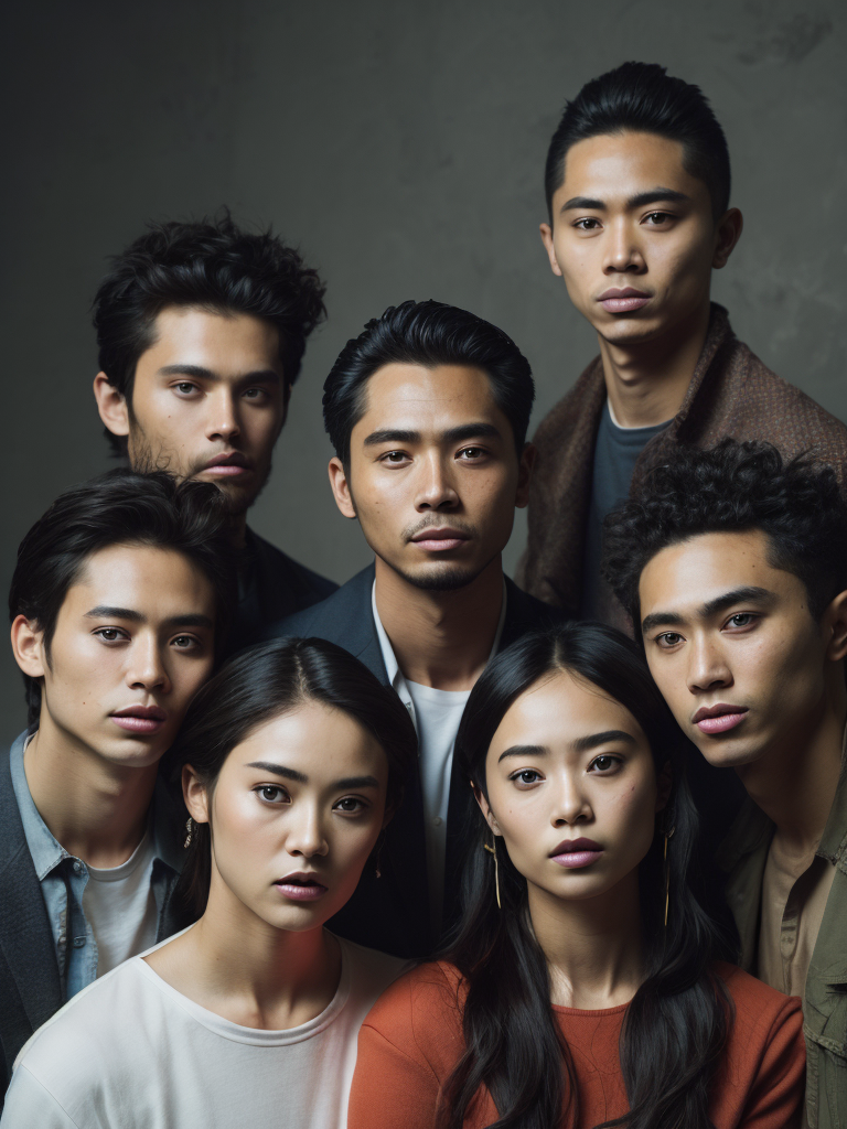 A portrait of a group of South East Asian creatives in a studio with white background, midshot