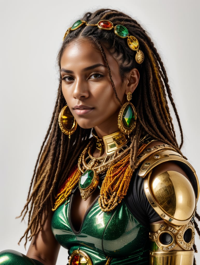 a futuristic rasta woman, with marble skin, wearing rasta colored sneakers, she is wearing a rasta outfit, huge gold and diamond crusted hoop earrings, she is sitting on a white background