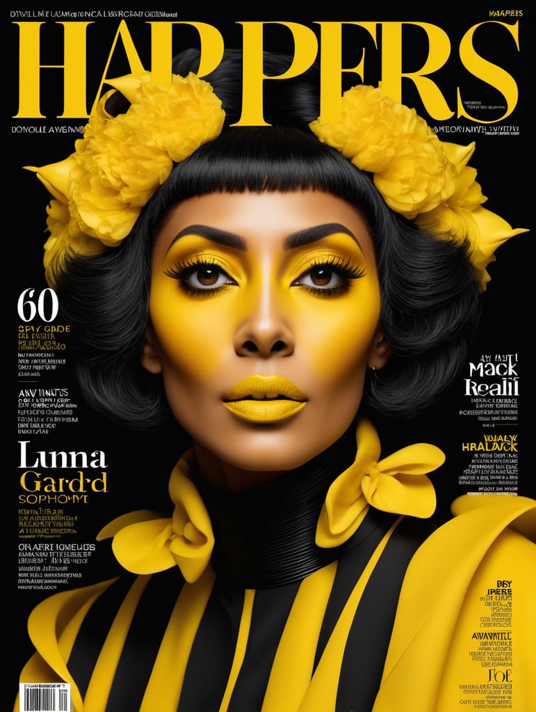 Donyale luna, avant-garde, simplygo, photoshoot spread, dressed in all yellow, black background, harpers bizarre, cover, headshot, hyper realistic