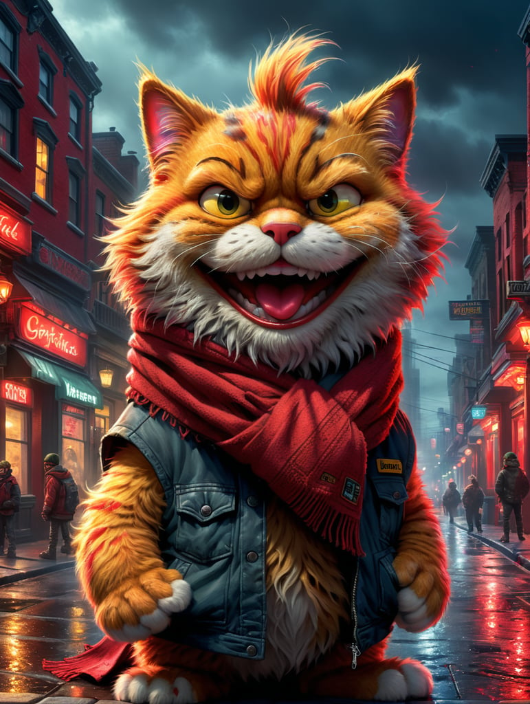 A cute flufy Garfield, standing outside wearing a red scarf,on a dystopian street, photorealistic urban punk, dark atmosphere with bright accents, contrast lighting.