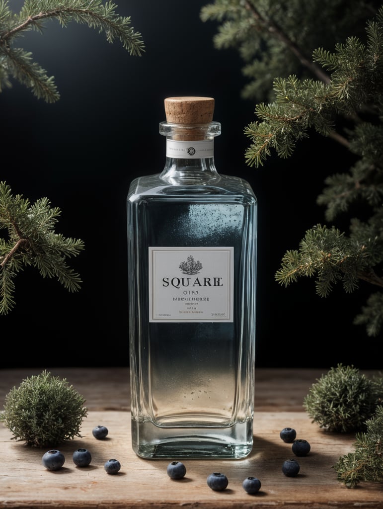 professional photography of a square gin bottle, square bottle, surrounding a juniper and juniper berries, one shot of gin in a front, no label, clear, mockup