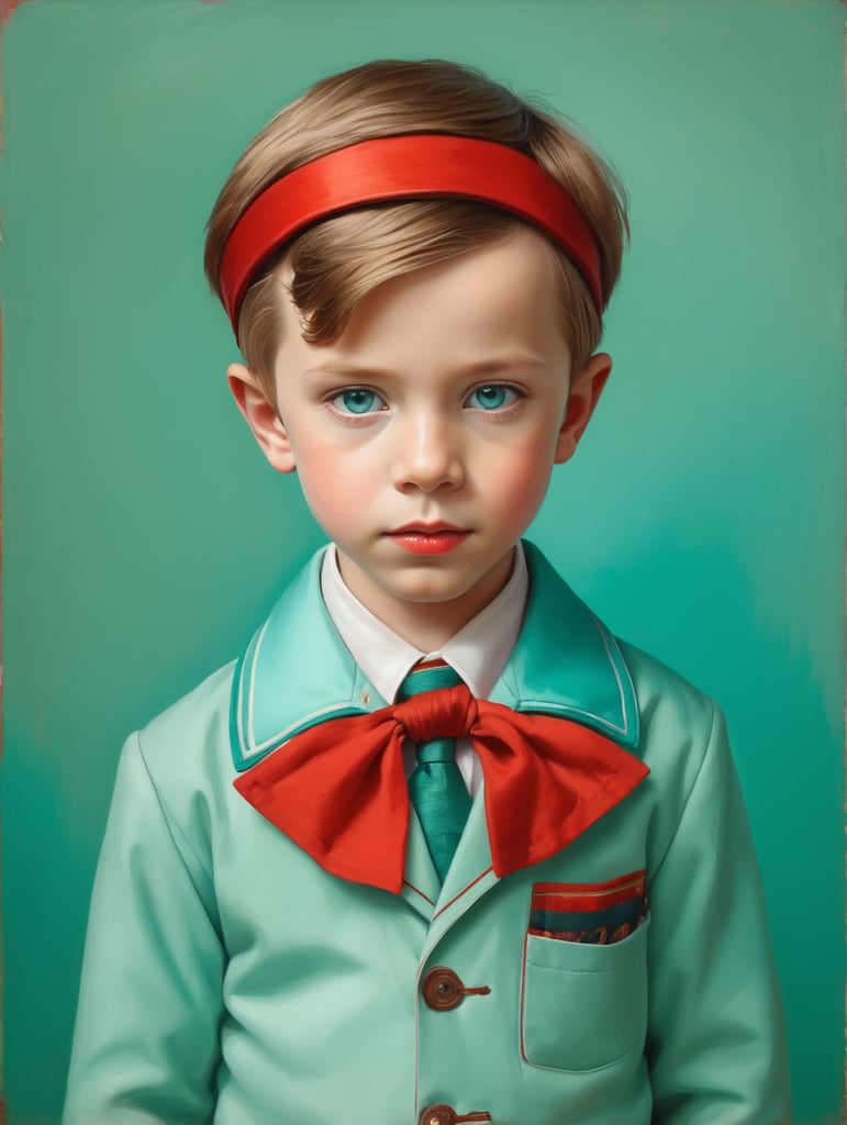 Portrait of child, half lenght, Wes Anderson style, Incredibly high detail, Bright colors, turquoise green and red colors,