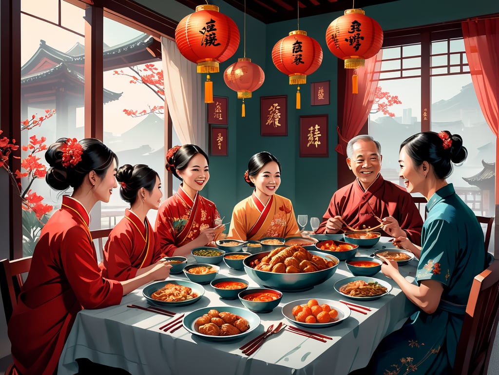 A vector flat illustration of a family reunion dinner during Lunar New Year, with stylized family members gathered around a table, traditional dishes, and red decorations, conveying the warmth and togetherness of this important cultural celebration, Vector Flat Illustration, designed with vector graphics software to depict the significance and family bonding of a Lunar New Year feast,