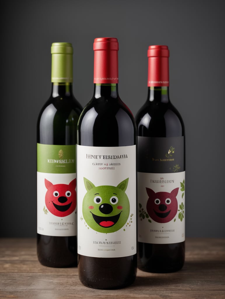 dos botellas de vino tinto con etiquetas ilustradas por un niño de kinder con caras felices y personajes de palitos con colores vibrantes, tapon verde fosforescente y verde seco en set fotografico profesional minimalista con fondo gris obscuros
