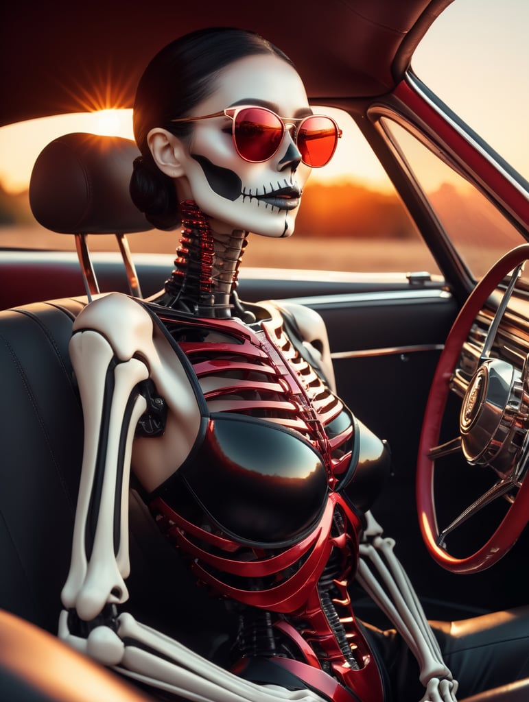 skeleton in sunglasses sitting in car in summer sunset stock photo, in the style of stylized realism, glamorous pin - ups, dark black and red, realistic color palette, sunrays shine upon it, machine aesthetics,futuristic