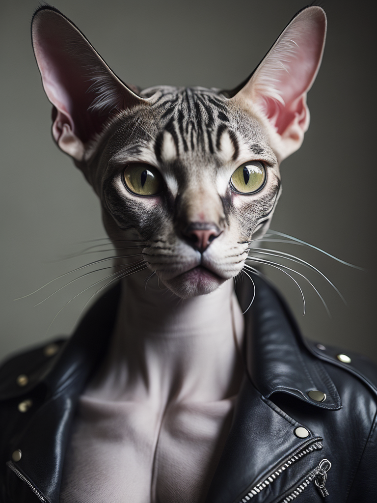 bold white sphynx cat with tattoos wearing a black biker leather jacket