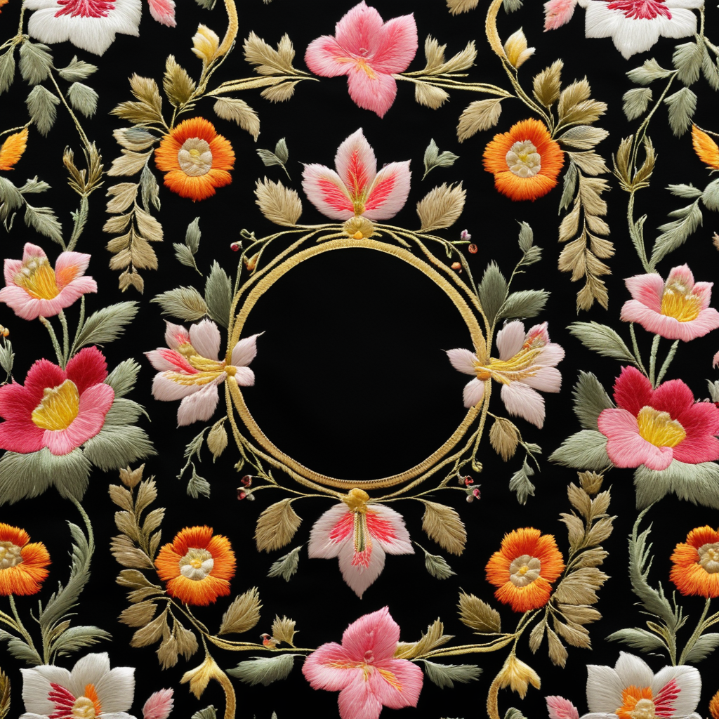 a frame of natural wild flowers embroidered in silk thread, bright and cheerful colours, very detailed, in the central area another embroidery in shiny gold metallic thread, with precious stones, representing roses and lilies, Sevillian baroque style, typical of the Holy Week in Seville, on a luxurious black cloth, with discreet shadows and volumes, sharp focus, spectacular lighting, depth of field, photographic quality, high resolution, graphic design style, elegant, fashionable,