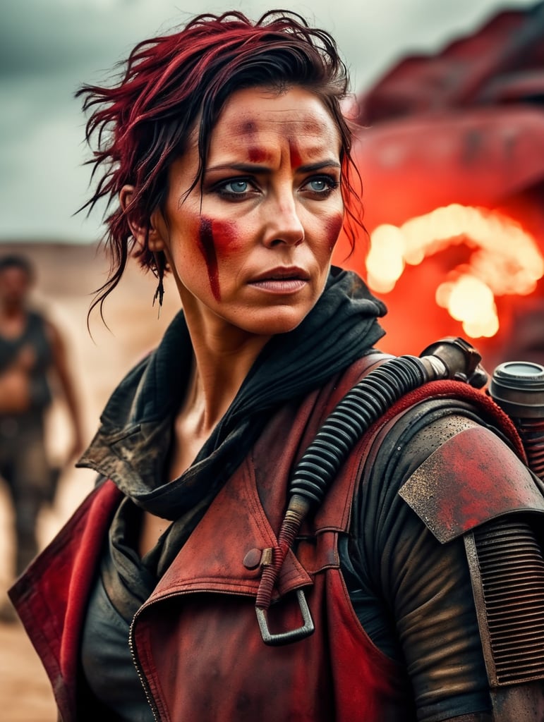 red woman protagonist dystopian theme mad max style wes anderson reference female lead character post apocalyptic setting retro futuristic bold color palette action packed scene visual storytelling