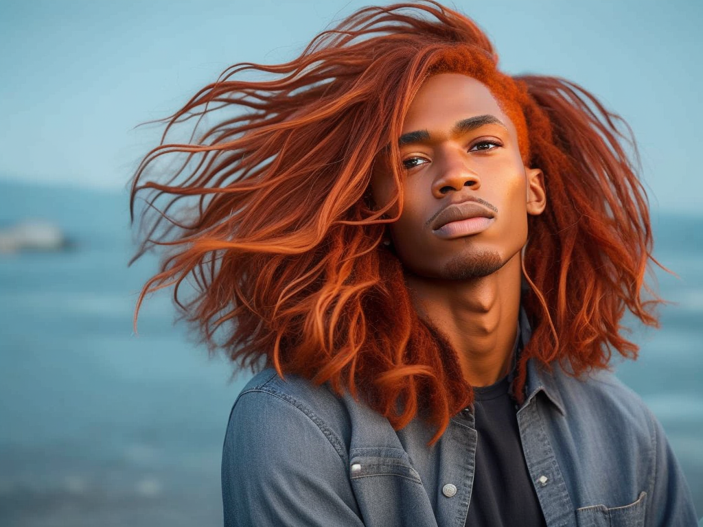black man with ginger hair, professional photo, sharp on details