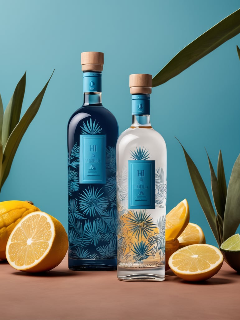 Packaging and branding for a tequila brand as if it had been designed by HI ESTUDIO with In a set design with bricks, Blue agave and dry leaves.