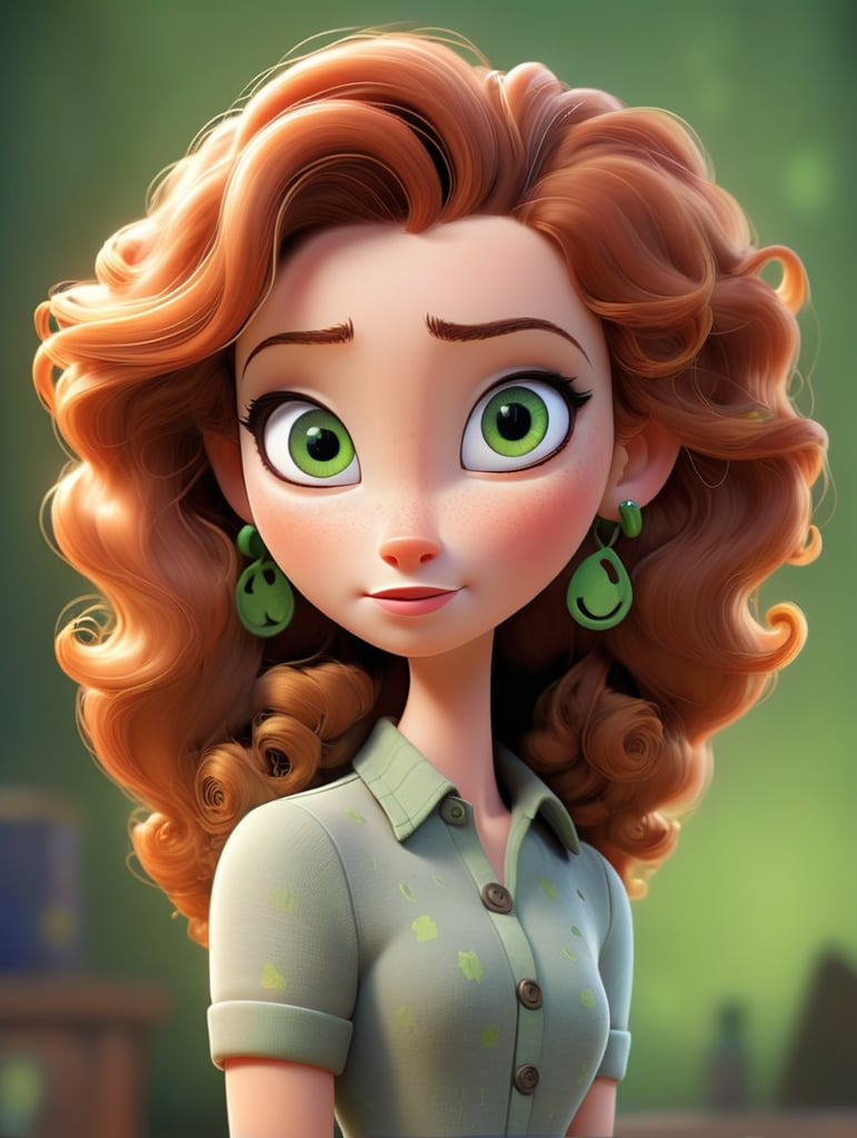 Кудрявая, светло русые волосы, веснушки, низкий рост, зеленые глаза, низкий рост, пирсинг носа и пирсинг ушей, худая