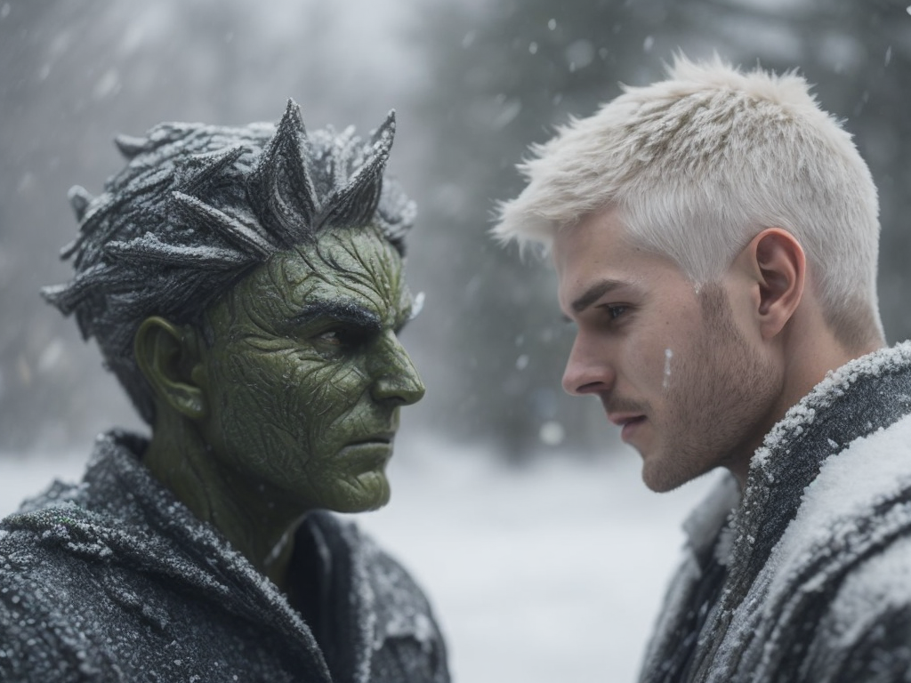 jack frost and green man facing each other, fighting, battle, winter on jack frost's side, summer on green man's side