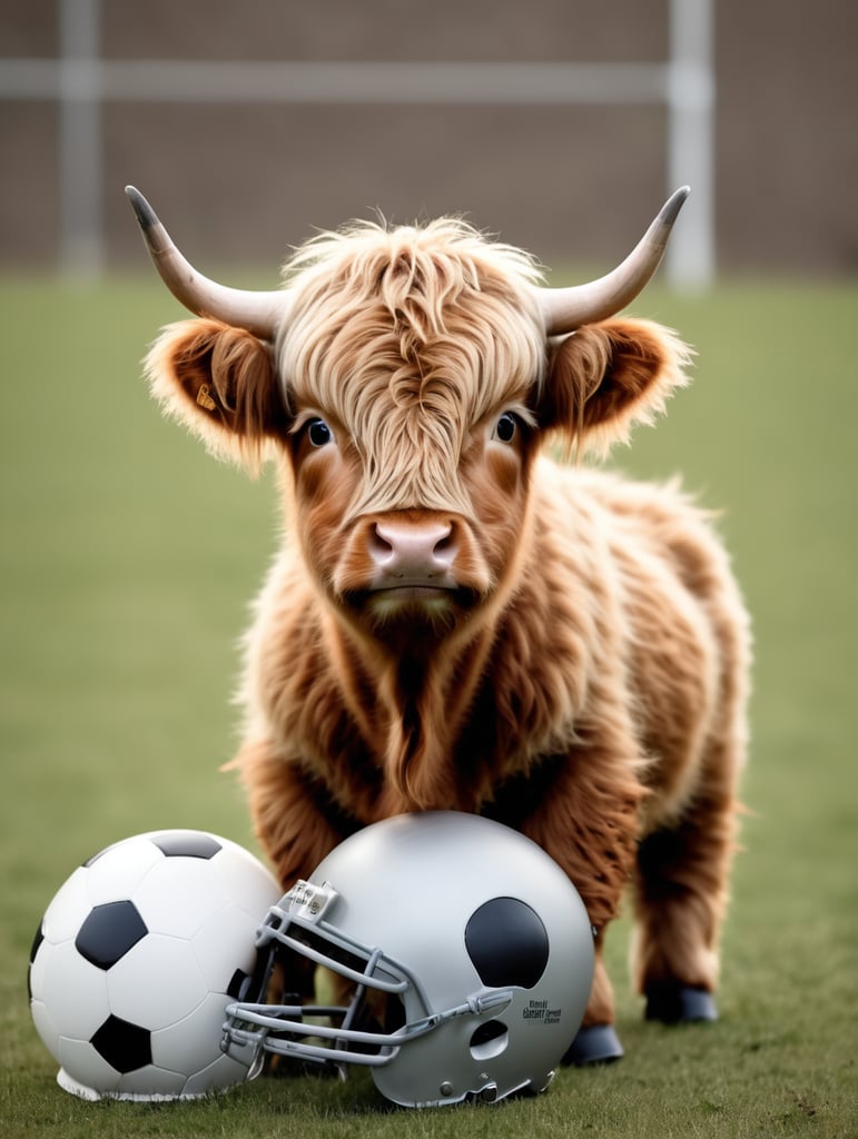 cute baby Highland Cow sitting wearing a football helmet