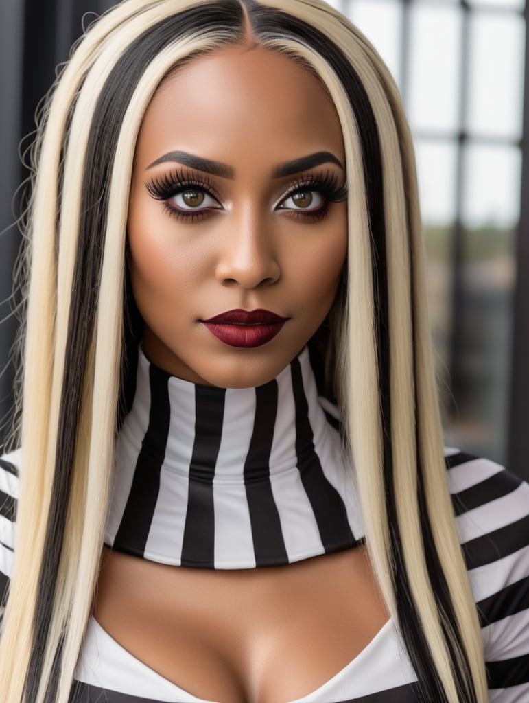 tan skin African woman with hazel eyes with long extensions, side-parted Straight blond hair black roots and false lashes in Beetlejuice costume