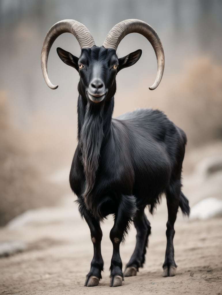 A black goat with large horns standing upright on hind legs