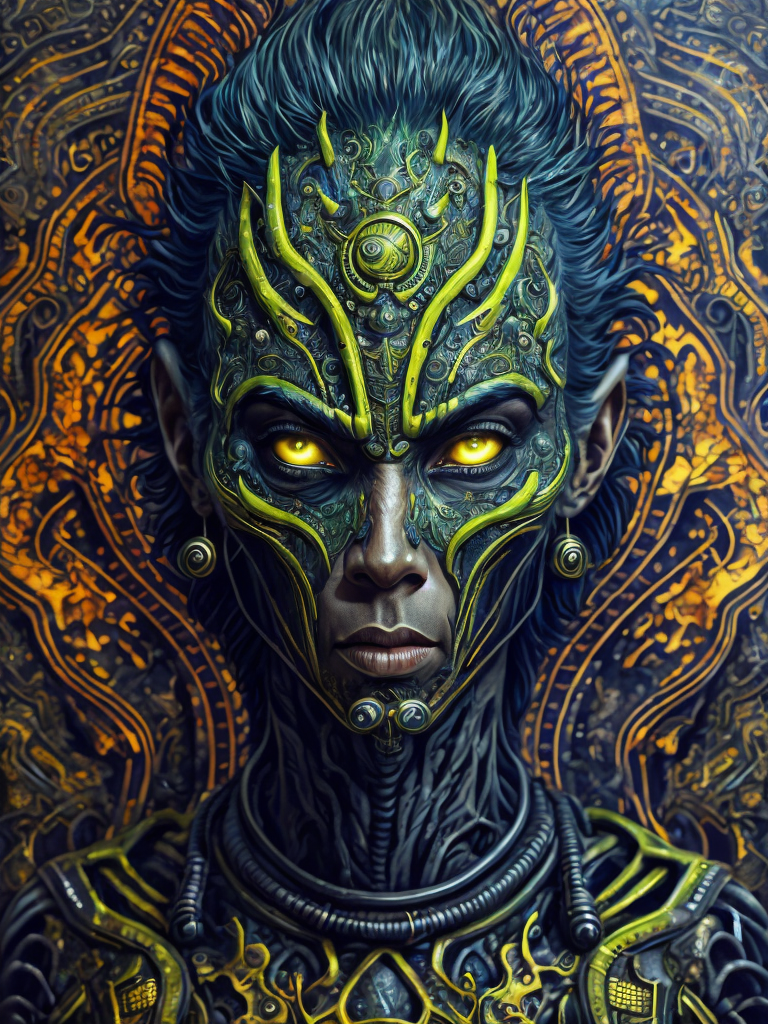 Portrait of an alien, batik, intricate details, surreal, Alien, Cyberpunk Trashcore Style, s 1000