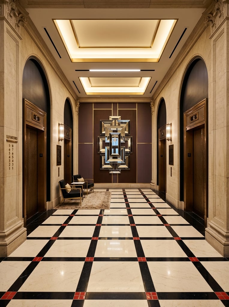 A highly symmetrical luxury elevator lobby shot in perfect one-point perspective. The focal point is a geometric sculpture of overlapping rectangular mirrors mounted on a dark brown and plum accent wall. Four textured bronze elevator doors are set into dark arched alcoves along the beige stone walls. The floor features a high-contrast grid of large cream stone squares bordered by thick black marble bands with red accent tiles at the intersections. A massive rectangular recessed ceiling light casts a warm glow over the polished architectural surfaces.