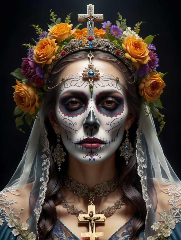 crear un logo lineal de la santa madre maquillada como el día de los muertos con un velo sobre su CABEZA y una corona de flores mientras aguanta un crucifijo