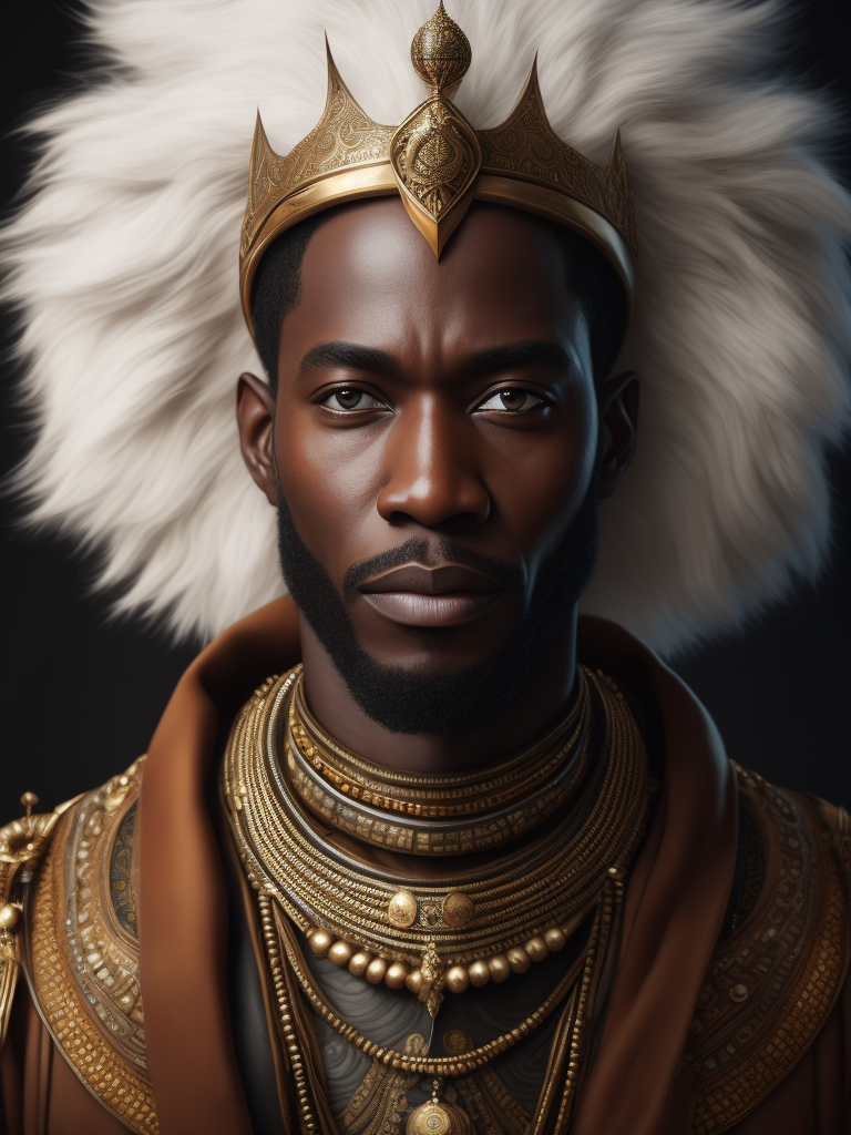 An african king in traditional clothing, portrait, hyper-realistic, dark style, focus on face, sharp on details, black background