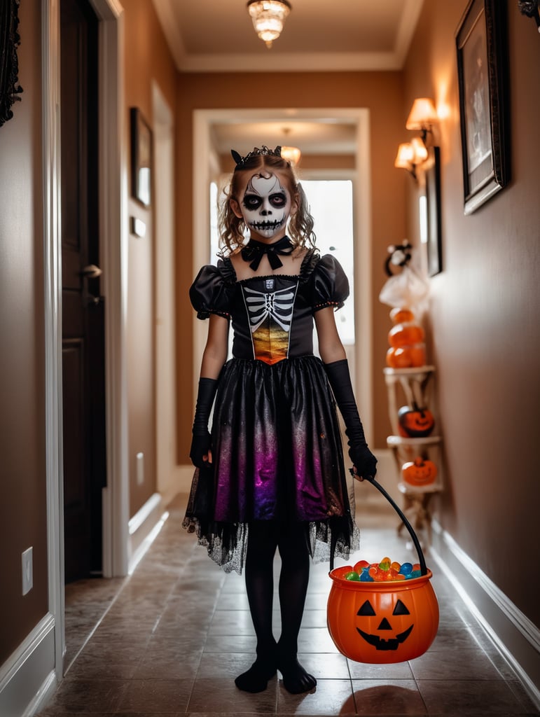 A young girl dressed in a spooky Halloween costume stands in a dimly lit hallway, clutching a tub overflowing with colorful candy.