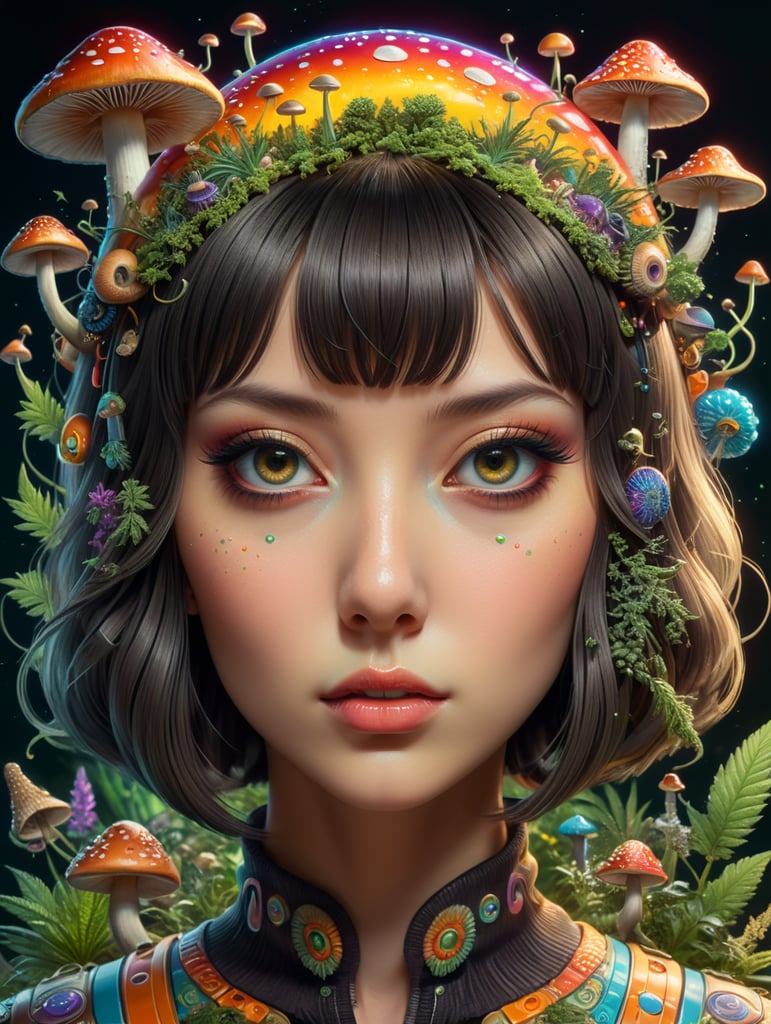 kawaii cartoon style psychedelic with mushrooms & cannabis coming from the mind. hairstyle bangs with bob