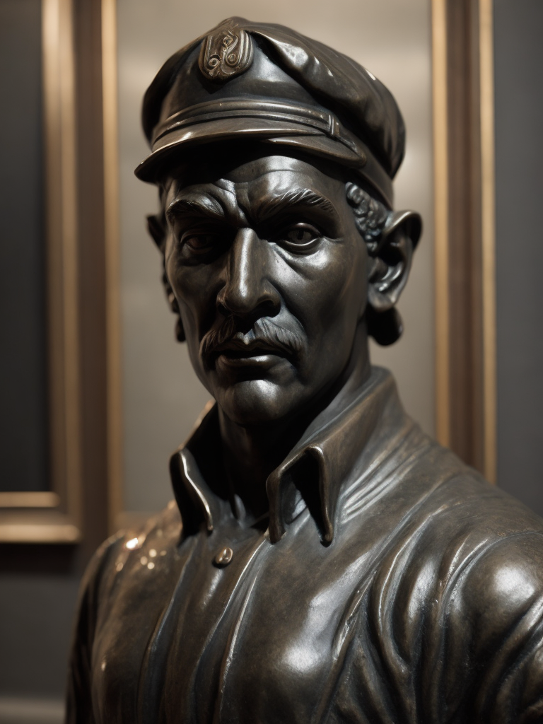 (((black marble statue))) of a english train worker, 1900, dark atmosphere, sharp on details