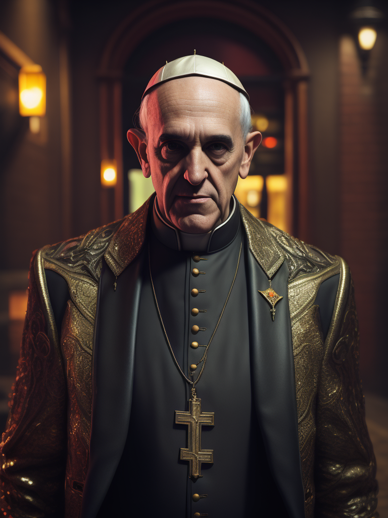 pope francois in front of a night club dressed as a bouncer ultra-realistic